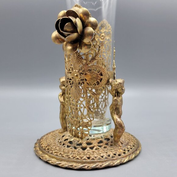 Antique Vintage Gold Brass Filigree Fluted Bud Vases Cherub Figural Design - Picture 8 of 16